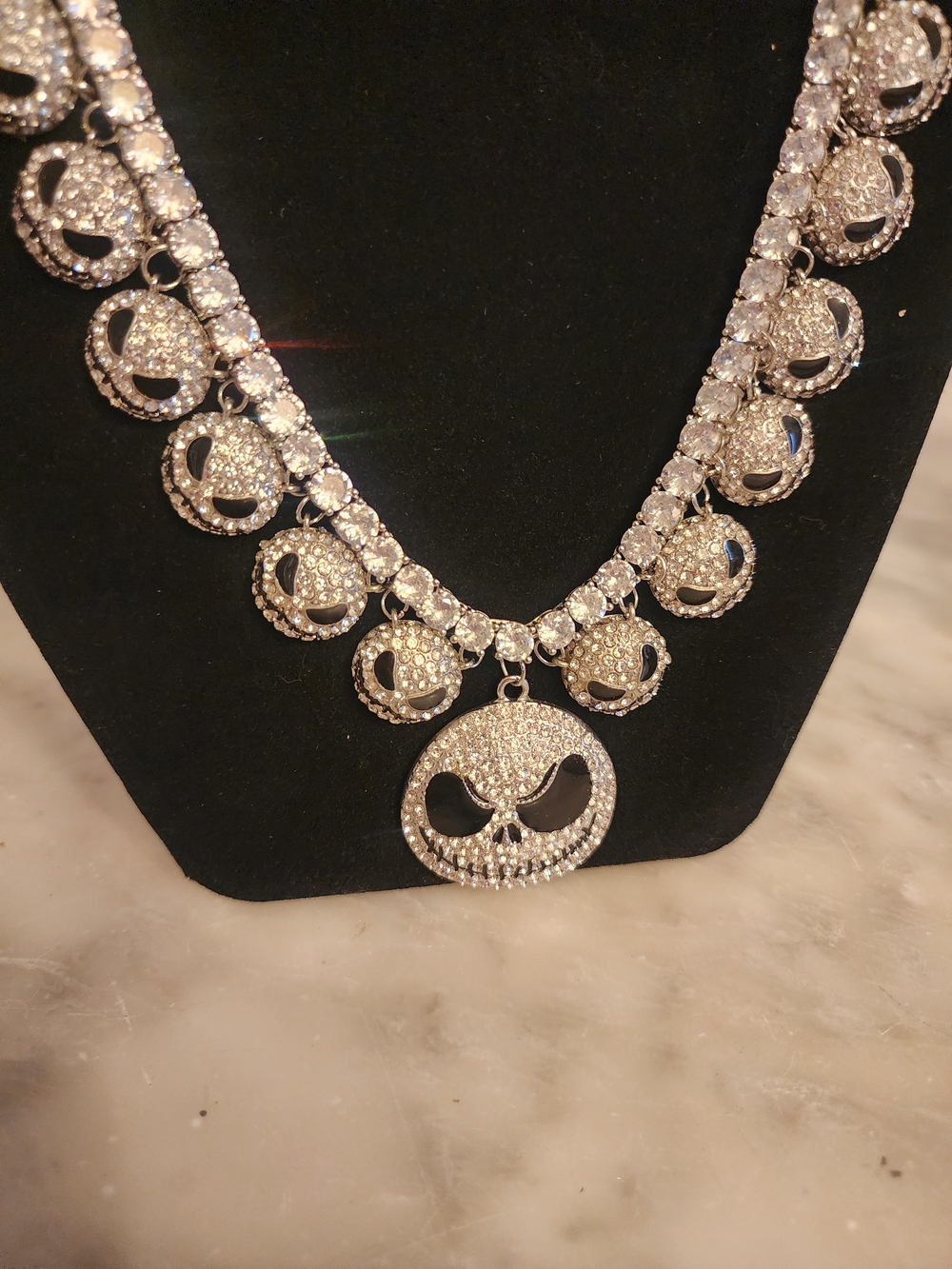Custom Jack Skellington Crystal Skull Pendant Statement Necklace - Silver